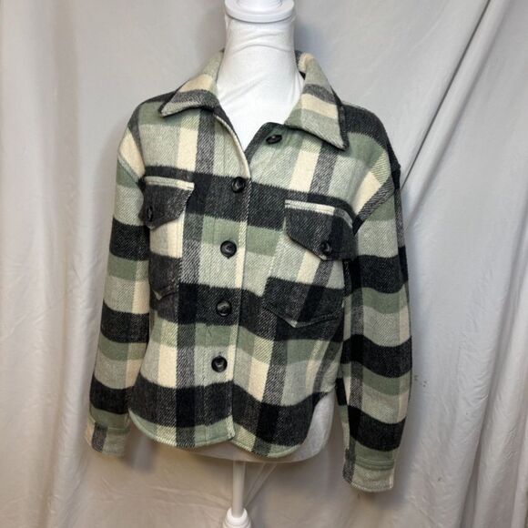 Joie Plaid Wool Flannel Shirt Jacket Comfy Womens Button Up Green Cream Black - Picture 2 of 9